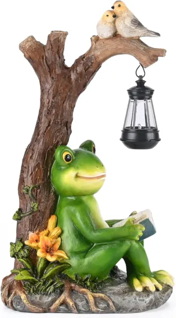 Frog Figurine Garden Decor, Outdoor Resin Reading Frogs Statues with Solar Lante