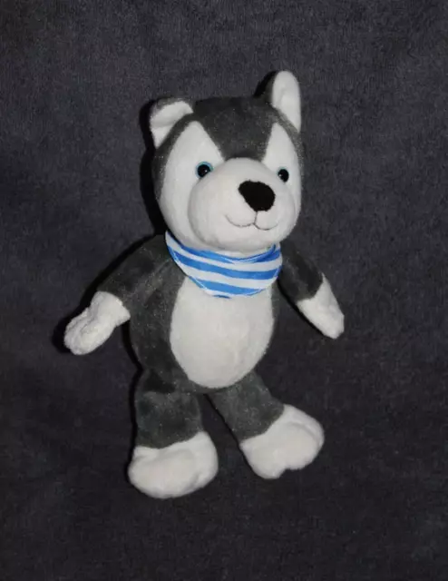 Peluche Doudou Loup Chien KINDER FERRERO Gris Blanc Bandana Rayé Bleu 24 Cm NEUF