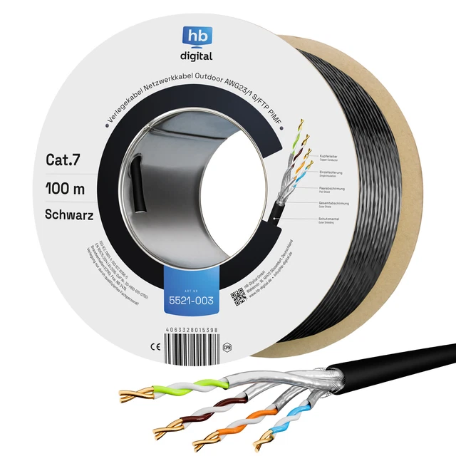 100m Verlegekabel Cat7 Kupfer Outdoor Kabel Netzwerkkabel Datenkabel Außen UV