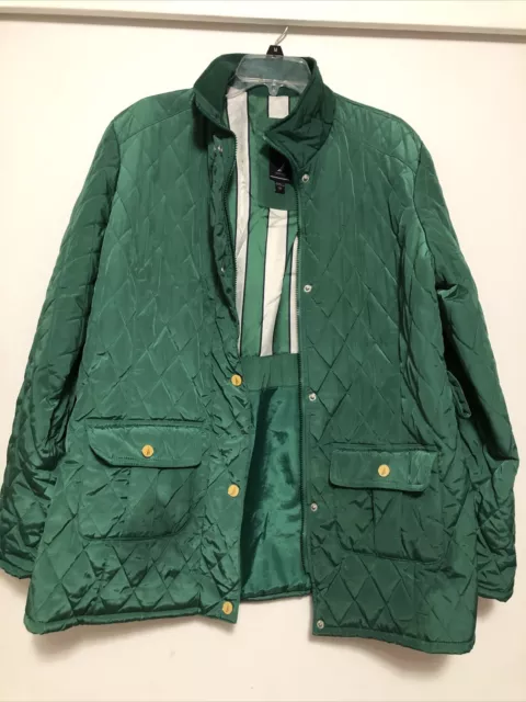 Nautica Womens Quilted Jacket Green Zip Up Snaps Flap Pockets Mock Neck BeltedXL