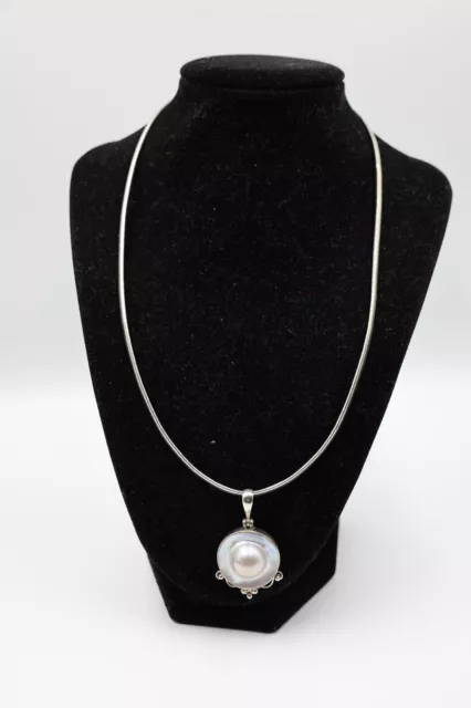 Sterling Silver Omega Necklace with Very Nice Blister Pearl Pendant
