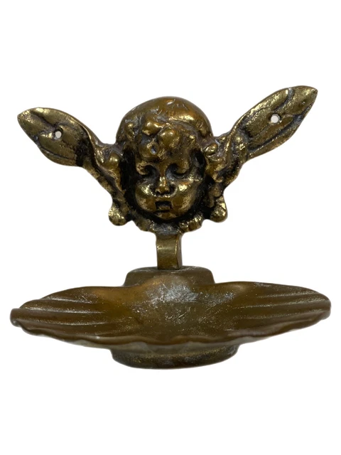 Vtg  Aged Brass Cherub Angel Wall Mount Soap Holder Dish Bath Hollywood Regency