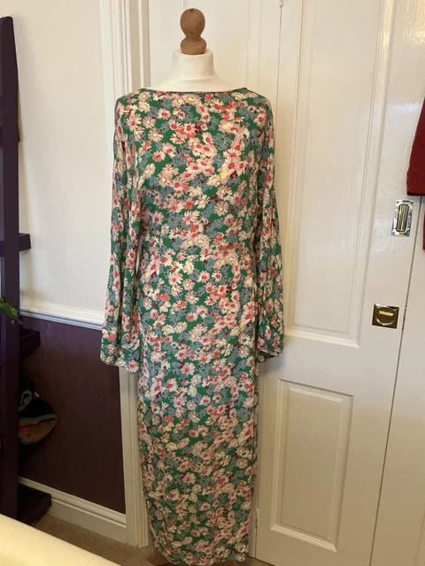 NWT ZARA FLORAL Midi Dress - Green, Pink, Blue Daisy Print Wide Sleeve Size  L 9.99 - PicClick UK