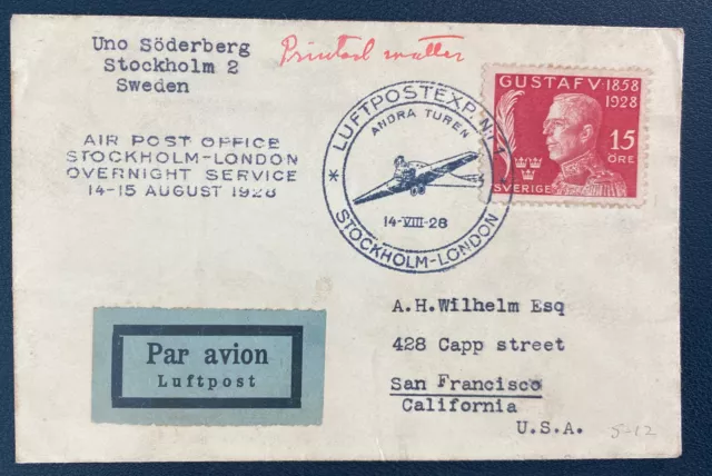 1928 Stockholm Sweden First Overnight Flight Airmail Cover To London England