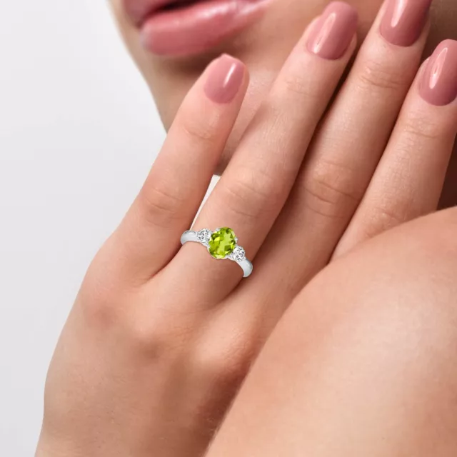 Peridot Oval And Diamond Three Stone Solitaire Engagement Ring In 14K White Gold 3