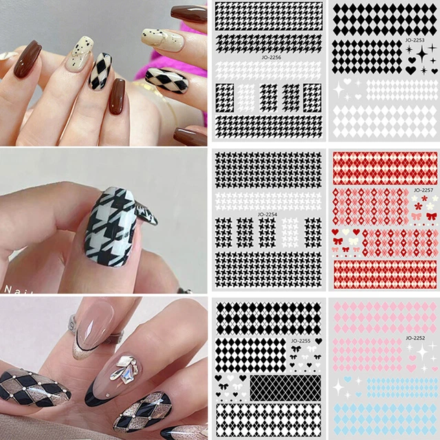 Pegatinas para uñas a cuadros de celosía blanca negra autoadhesivas decoración calcomanías puntas hágalo usted mismo