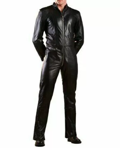 Mens Genuine Sheep Leather Black Catsuit Front Zipper Overall Bodysuit Jumpsuit