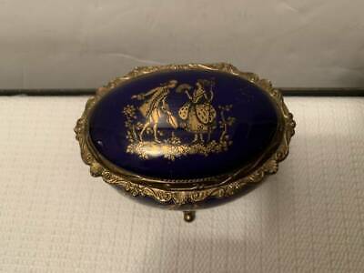 Vintage Brass Footed Oval Handpainted French Cobalt/Gold 4" Music Trinket Box