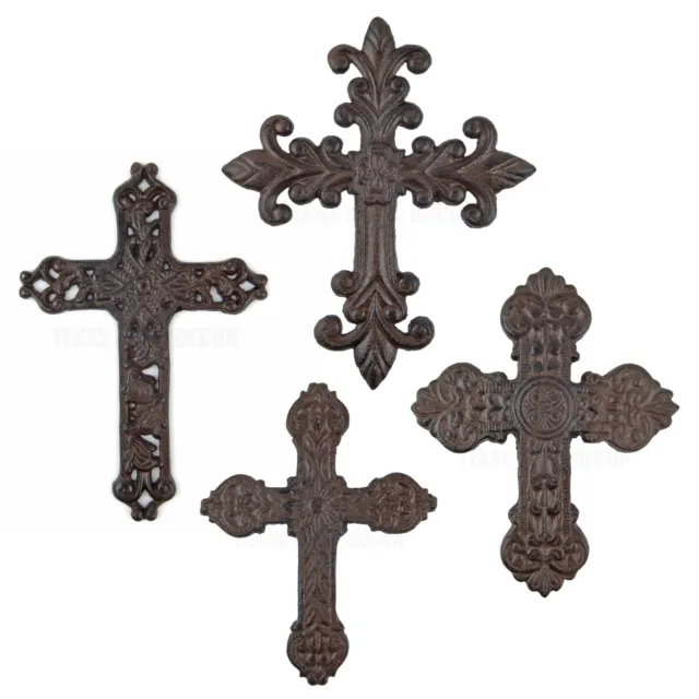 4 Assorted Cast Iron Wall Crosses Fleur De Lis Floral Rustic Brown Antique Style