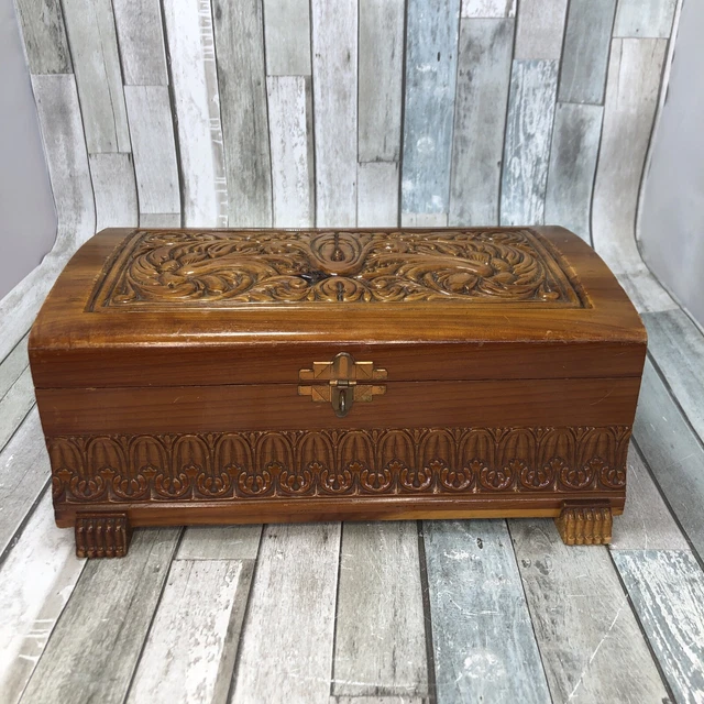 VINTAGE CARVED WOODEN Small Cedar Chest Jewelry Box/Trinket Box. No