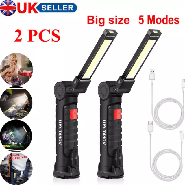 2 Large LED Work Light COB Inspection Lamp Magnetic Torch USB Rechargeable Car