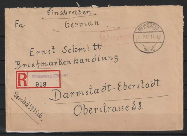 Gebühr bezahlt R-Brief Not-R-Zettel Weinsberg nach Darmstadt, 1945 #1093997