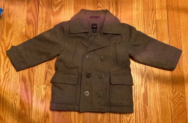 Baby GAP Toddler Boy’s Grey Double Breasted Wool Coat Sz 2 Years Great Condition
