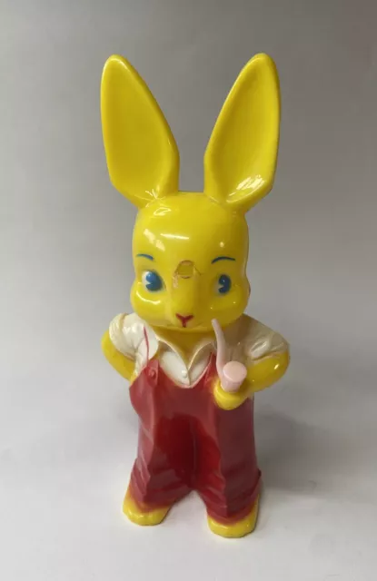 Vtg Hard Plastic Rattle Yellow Red Bunny Pipe & Coveralls Knickerbocker Easter