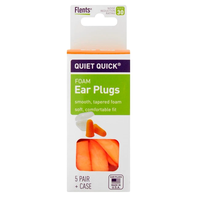 5 Pair Orange Ear Plugs, Noise Reduction Foam, Includes Travel Case