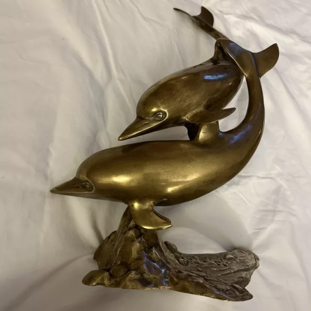 Solid Brass Dolphins Sculpture LARGE Two Swimming Vintage Nautical Decor  16''