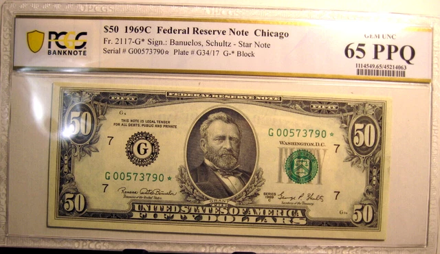 1969C $50 Fr.#2117-G STAR  FEDERAL RESERVE NOTE CHICAGO SUPERB GEM PCGS 65 PPQ