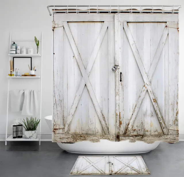 Rustic Farmhouse White Wood Barn Door Shower Curtain Bathroom Accessories Set