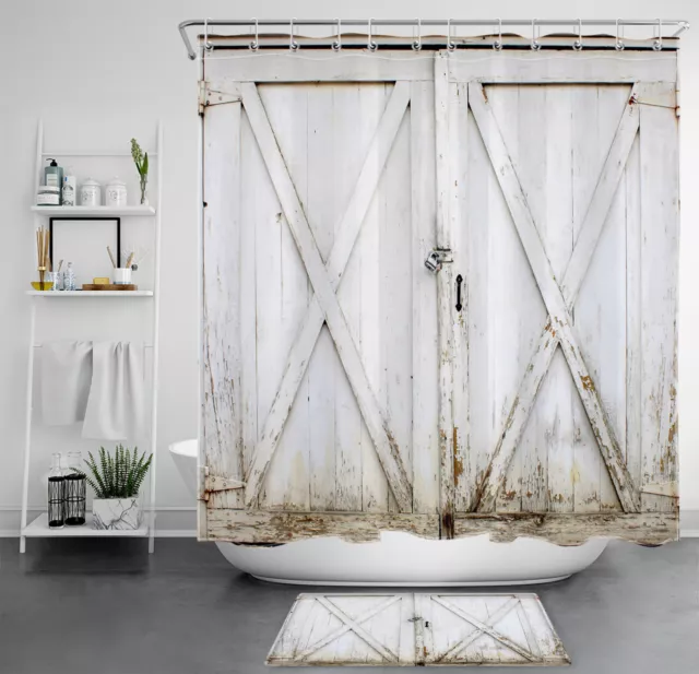 Rustic Farmhouse White Wood Barn Door Shower Curtain Bathroom Accessories Set