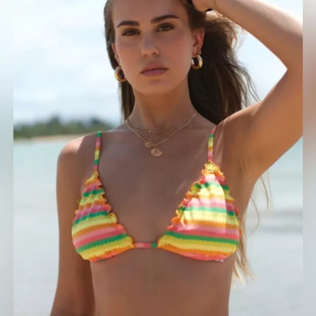 NWT L*Space Maggie Ruffle Bikini Top in Under The Sun Rainbow Stripe - Size XS