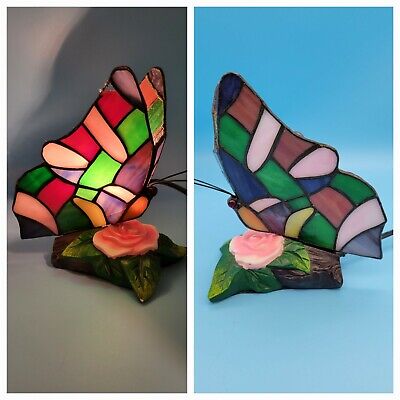 VTG Tiffany Style Stained Glass 7" BUTTERFLY Table Desk Night Light Lamp As Is