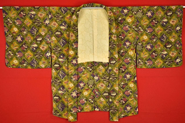 Vintage Japanese Kimono Silk Antique BORO HAORI Kusakizome Dyed/A298/540