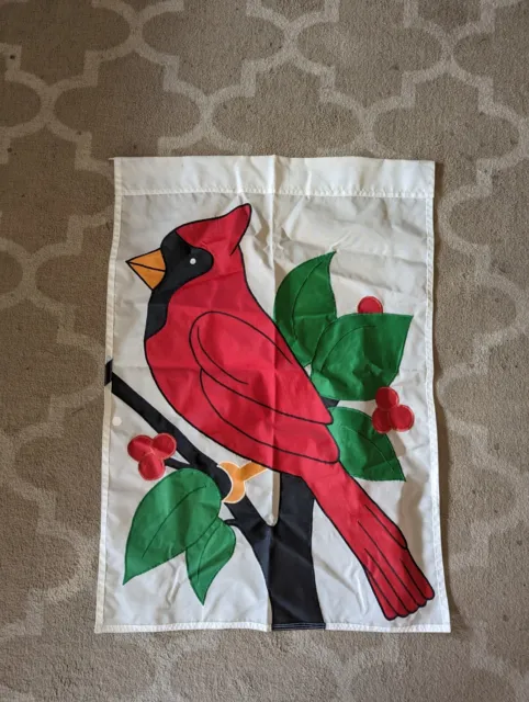 VTG Nylon Red Cardinal Bird flowers Flag Banner 38” X 28” Embroidered