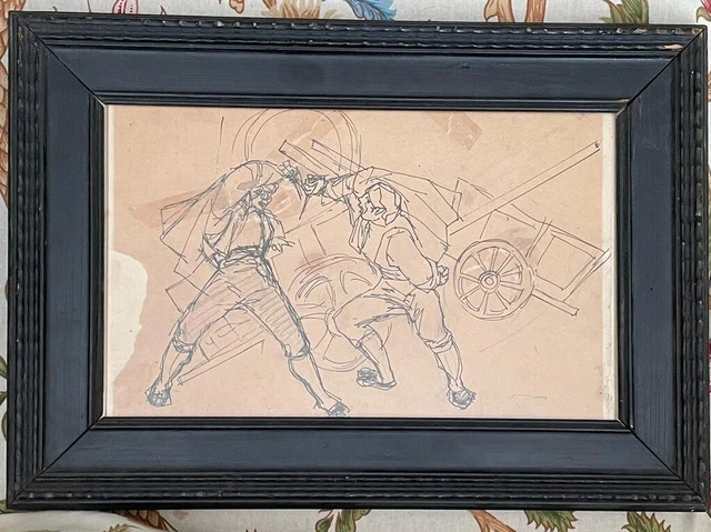 il duello, disegno  a china in cornice, fine XIX sec