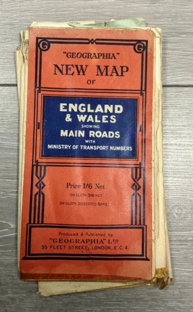 Vintage Geographia new map of main roads of England and Wales approx 1940s/50s