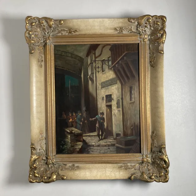 Vintage Original Oil Painting Small -Street Scene Medieval -Gilt Frame-Signed