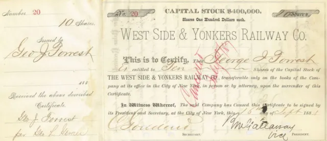 West Side and Yonkers Railway Co. - 1880's dated New York Railroad Stock Certifi