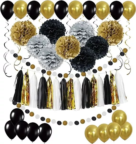 ZERODECO Decorazioni del partito dell'oro nero, pompom di carta con i palloncini