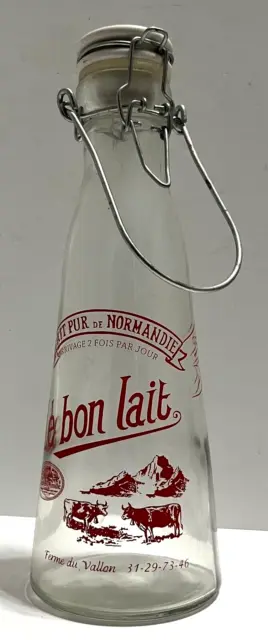 LE BON LAIT Pur De Normandie French Milk Glass Bottle Ceramic Top Swing Handle