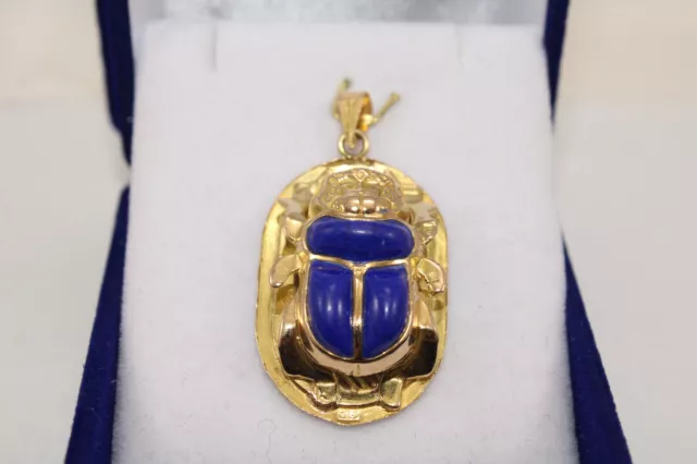 Egyptian Blue Scarab Gold 18K DOUBLE SIDE Stamped Pharaonic Gold Pendant 4.4gr