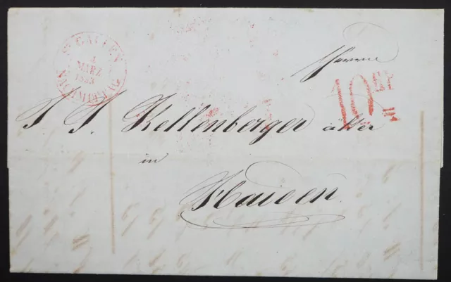 Schweiz, "ST GALLEN 1/MÄRZ/1853 NACHMITTAG" roter K2 mit rotem Tax-Stpl. "10RP".