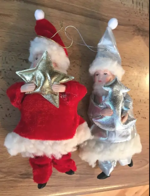 LOT 0f 2 Vtg Silvestri Christmas Ornament Dolls Santa & Silver Clothes 8"