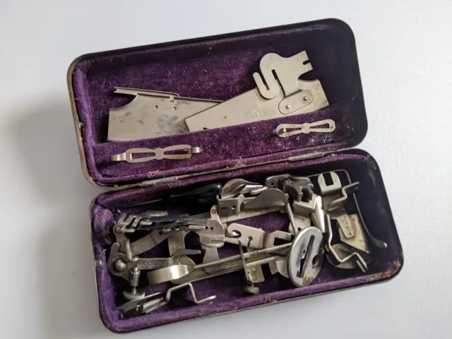 Vintage E J Toof "E" Set Attachments for Sewing Machine in Metal Box