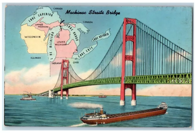 c1910 Mackinac Straits Bridge Map Steamer Michigan MI Vintage Antique Postcard