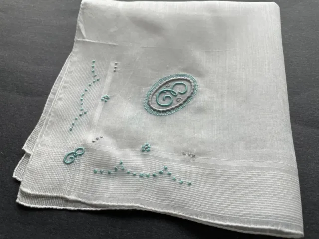 A+ UNUSED Vintage White Hankie Madeira Style Blue Monogram E Hand Embroidered