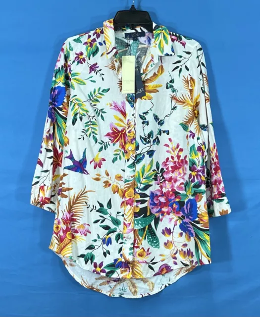 NWT RACHEL ROY Off-White FLORAL Linen Blend 3/4 SLEEVE Button-Up TUNIC TOP Sz S