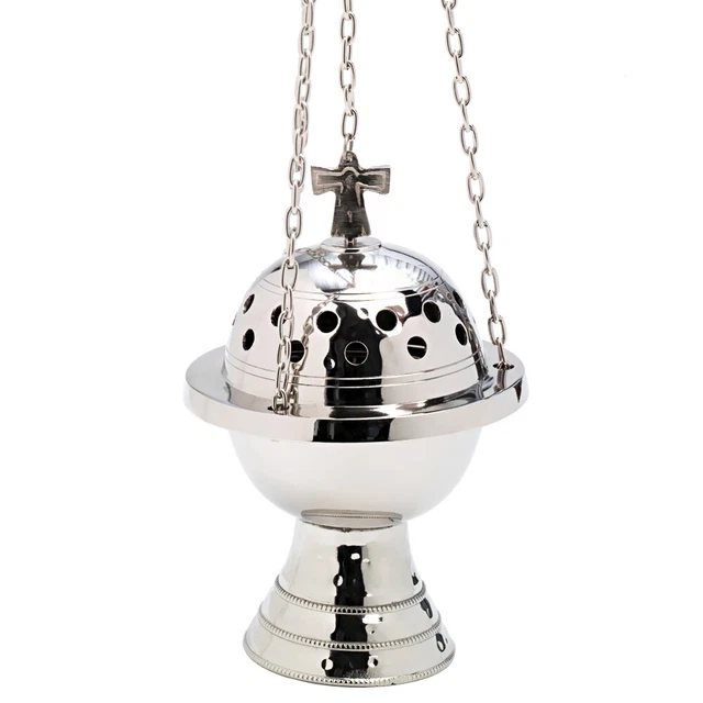 Nickel plated brass casket with cross chain 85cm large hanging vessel silver