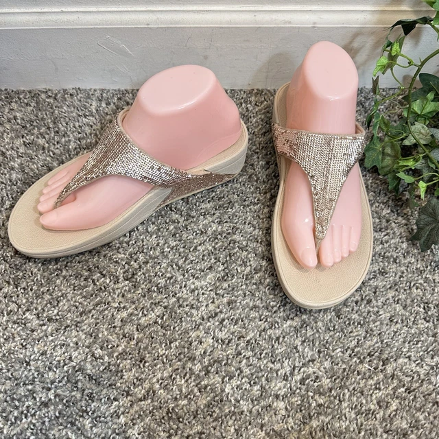 FitFlop Lulu Size 8 US Rose Gold Superglitz Sequin Thong Wedge Sandals Slip On 3