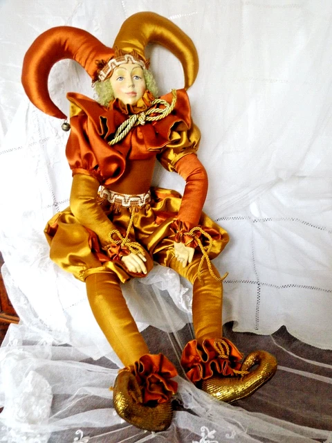 Poupée Arlequin En Porcelaine Vintage - Hauteur 45 Cm - Occasion Très Bon État