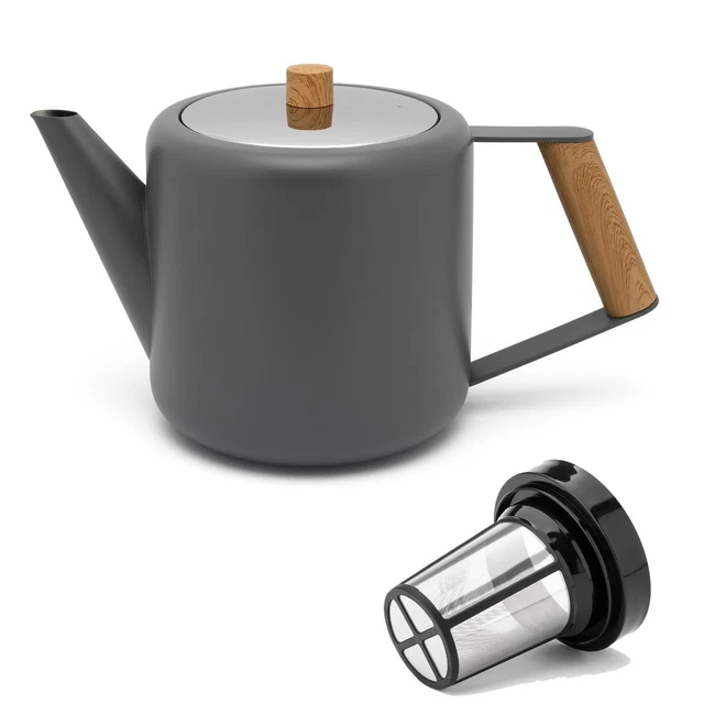 große graue doppelwandige Edelstahl Teekanne 1.1 Liter inkl. Teefilter Sieb