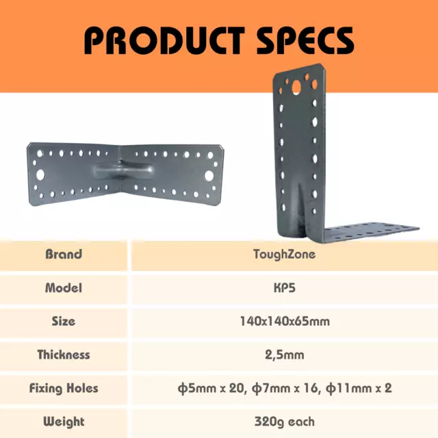 Große verzinkte Stahl-Eckhalterungen - strapazierfähige Unterstützung KP5 140x140x65x2,5 mm 2