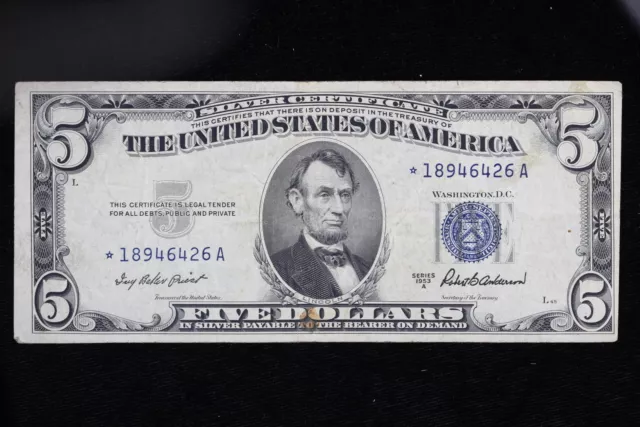 1953A $5 Silver Certificate Star Fr. 1656* Star VF 3Q19