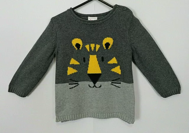 Boy's Light & Dark Grey Knitted Jumper with Tiger - Size 1 - Brand: Sprout