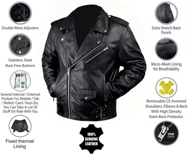 Brando Leather Motorcycle Jacket Removable CE Armor Motorbike Rider Black Jacket 2