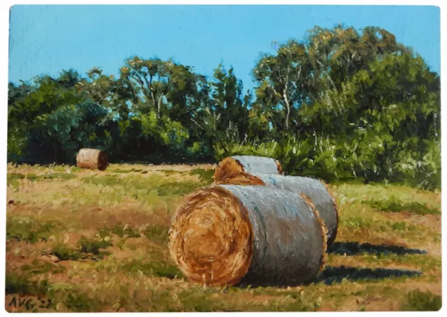 ACEO - Original Miniature Painting Of A Landscape With Hay Bales