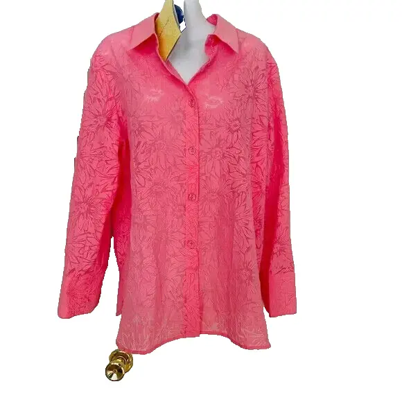 NWT Susan Graver M (10-12) bright pink semi-sheer top QVC 3/4 sleeves